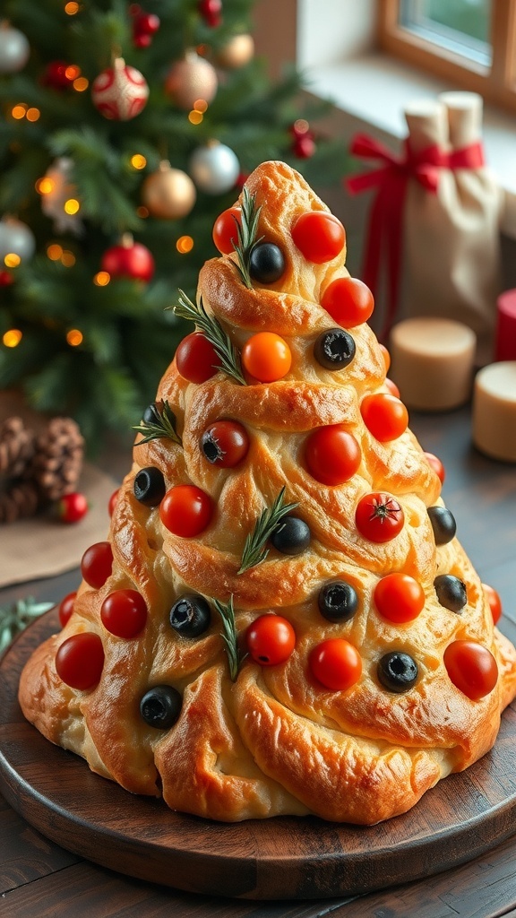 A Christmas tree-shaped focaccia bread topped with tomatoes and olives, displayed on a wooden table with holiday decorations.